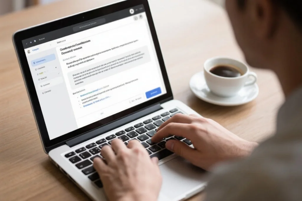 一位用户正在用笔记本电脑编辑邮件，屏幕上显示着详细的问题描述，旁边有一杯咖啡